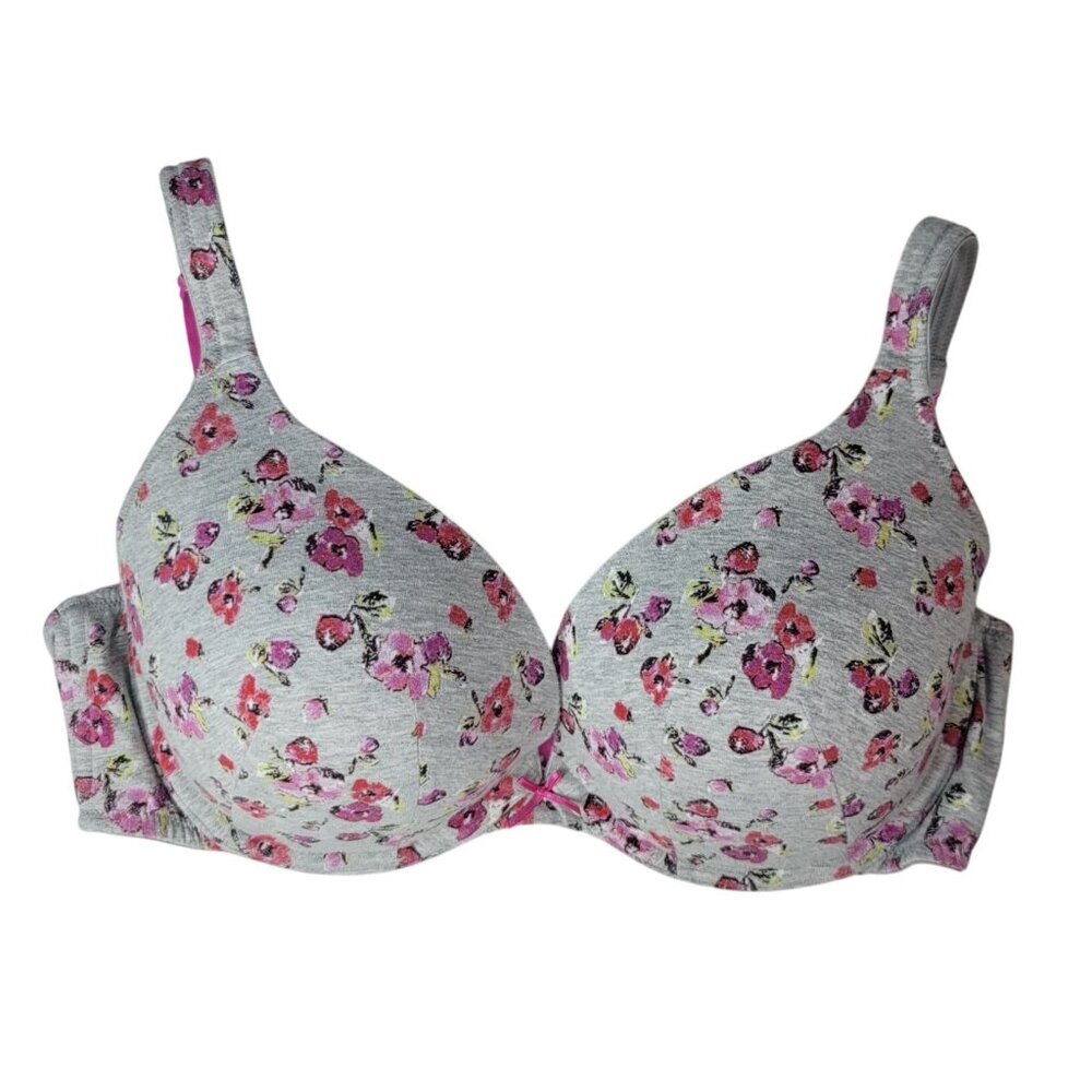 Cacique Plunge Bra Gray Pink 38DD Cotton Floral Underwire Pad Adj Strap Push Up